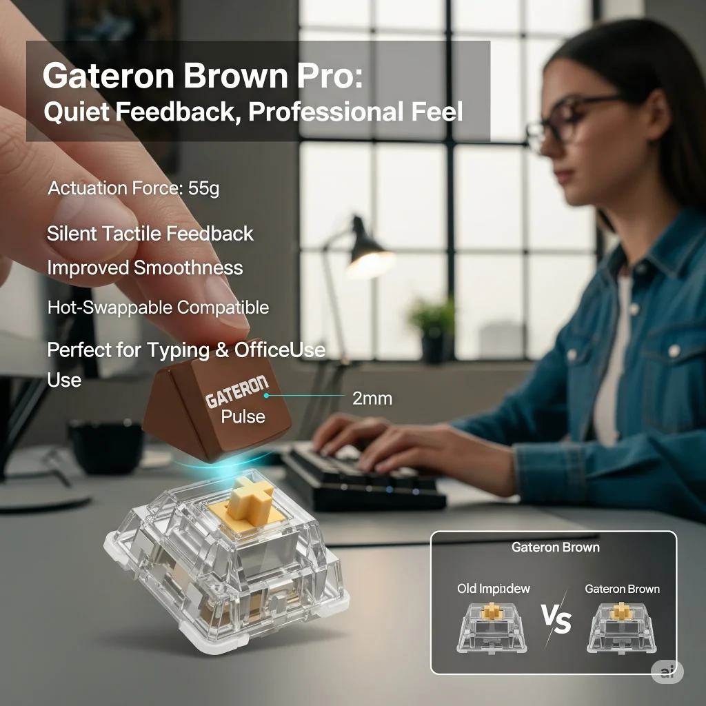Gateron Brown Pro tactile mechanical keyboard switch being pressed, showing 55g actuation force, smooth tactile bump, quiet operation, and hot-swappable design – ideal for typing, office work, and light gaming.